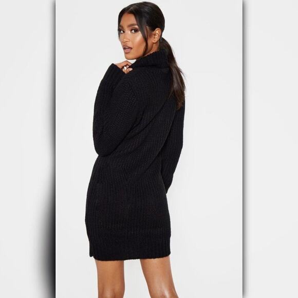 B3 / A308 • Black Cowl Neck Cable Knit Tunic Sweater Dress - Picture 2 of 5